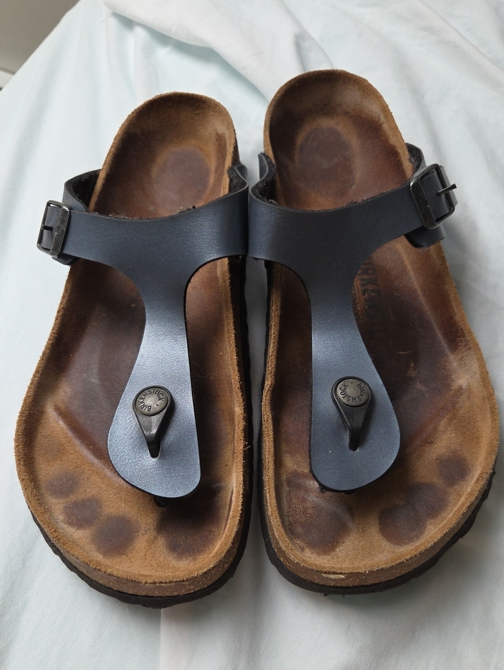 Birkenstock Gray Leather Thong Sandals with Brown Suede Footbed